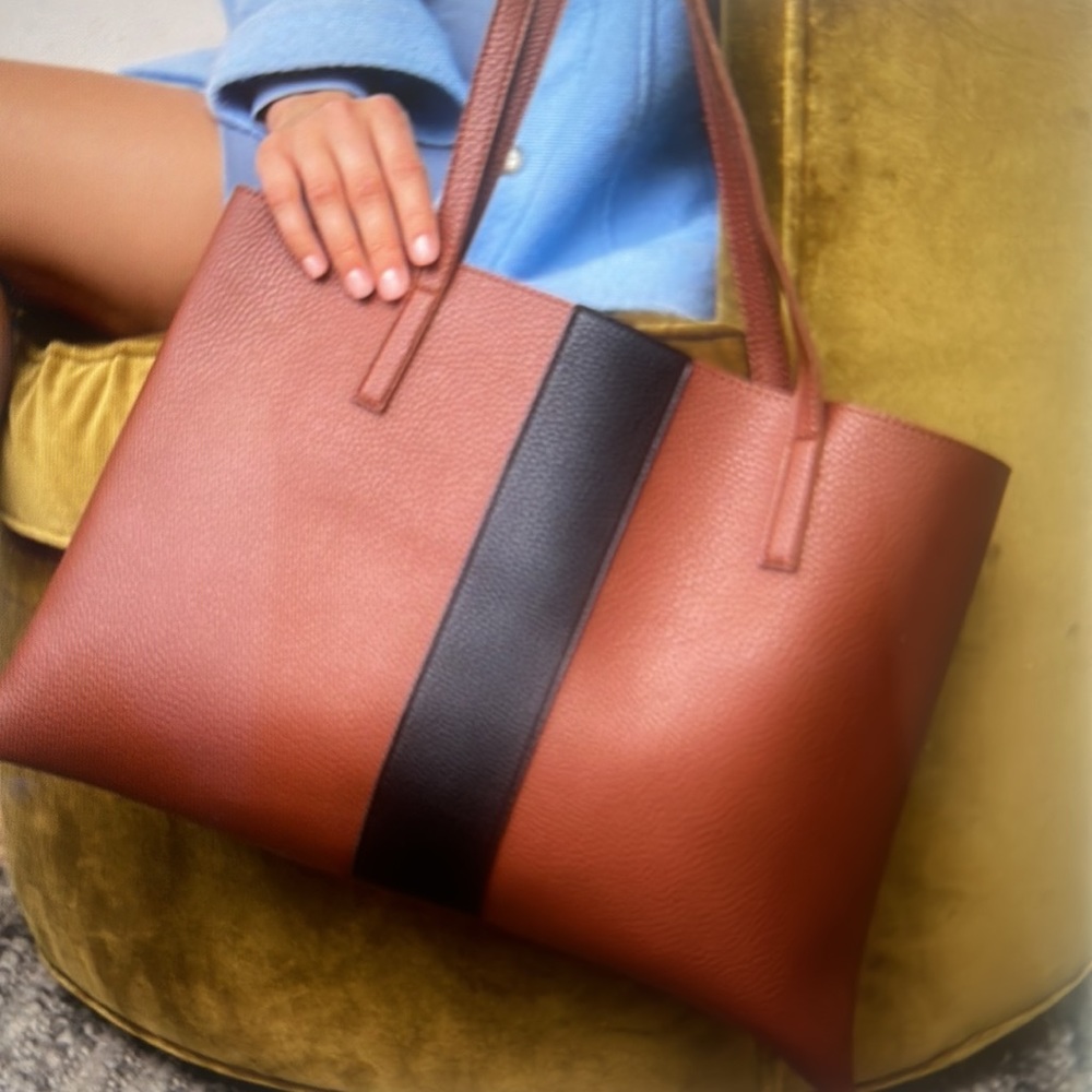 VINCE CAMUTO Vegan Leather Tote - Luck Tote  in Pebbled Red Desert Black Stripe